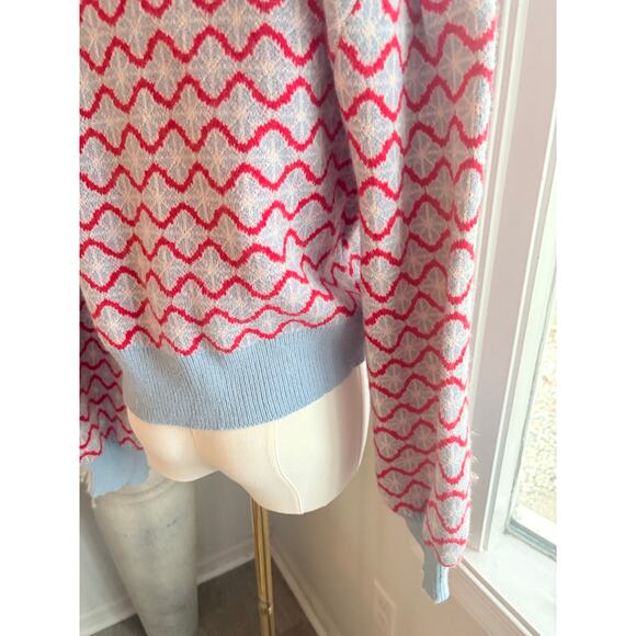 NWT Cider Wavy Button Up Crop Cardigan Sweater Womens XL Blue Red Retro Indie - Picture 3 of 8